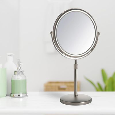 JERDON Two-Sided Tabletop Makeup Vanity Mirror - 5X-1X Magnification & Swivel Design - 9-Inch Diameter Mirror with Adjustable Height - Nickel Finish - Model JP4045N