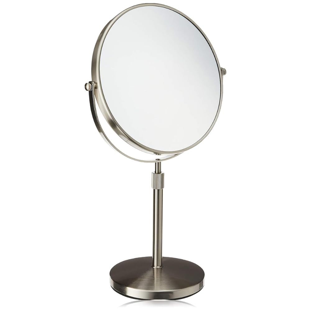 JERDON Two-Sided Tabletop Makeup Vanity Mirror - 5X-1X Magnification &amp; Swivel Design - 9-Inch Diameter Mirror with Adjustable Height - Nickel Finish - Model JP4045N