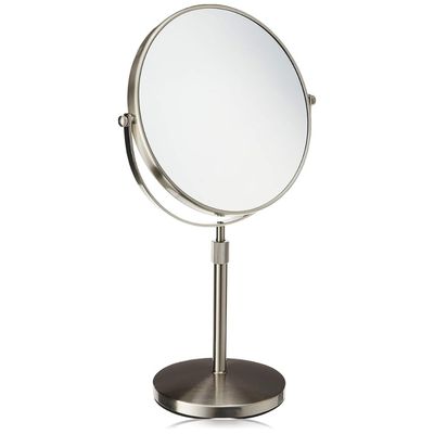 JERDON Two-Sided Tabletop Makeup Vanity Mirror - 5X-1X Magnification &amp; Swivel Design - 9-Inch Diameter Mirror with Adjustable Height - Nickel Finish - Model JP4045N