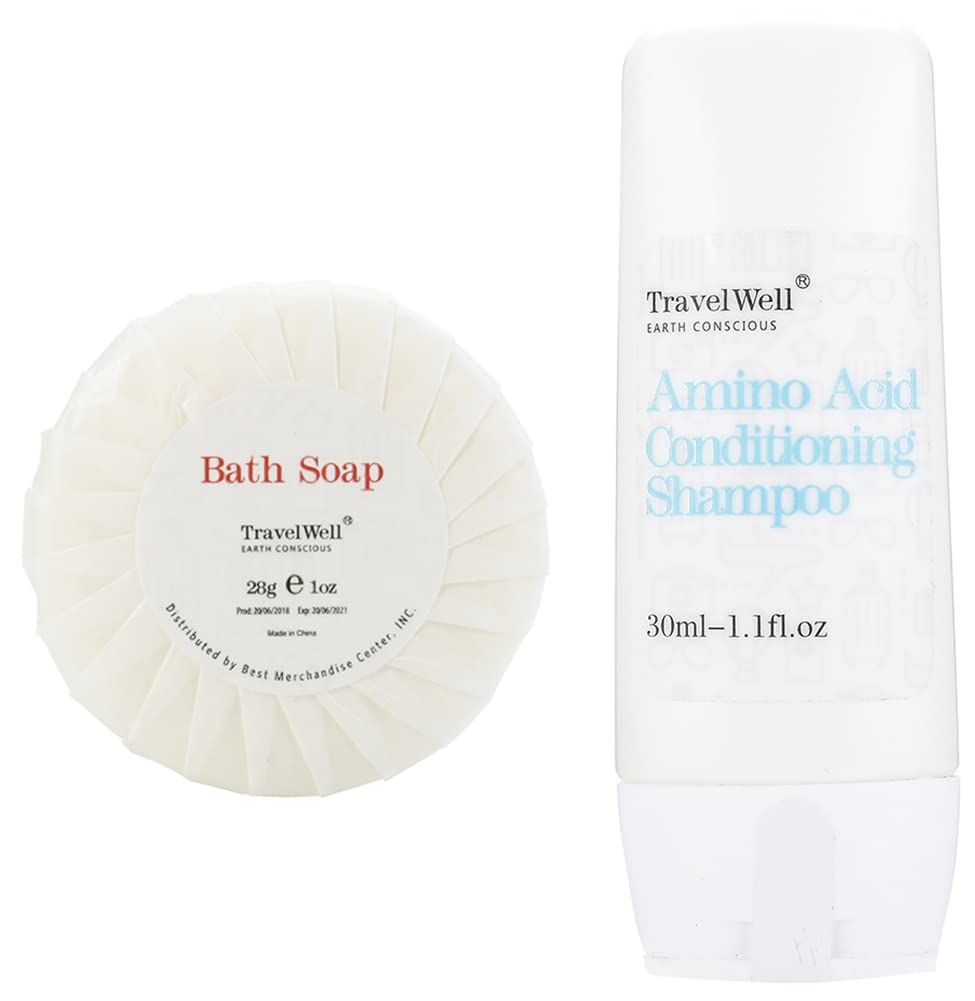Travelwell Individually Wrapped Hotel Toiletries in Bulk - 30ml Shampoo and Conditioner Supplies (50 Bottles) + 28g Travel Soap Bars (50 Bars)