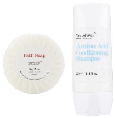 Travelwell Individually Wrapped Hotel Toiletries in Bulk - 30ml Shampoo and Conditioner Supplies (50 Bottles) + 28g Travel Soap Bars (50 Bars)