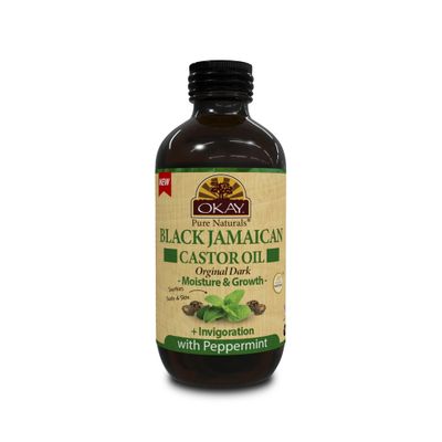 OKAY Pure Naturals Black Jamaican Castor Oil - Castor Oil for Hair Growth, Moisture for Skin, Face, Scalp, Eyelashes, Eyebrows - Hair Oil for Men &amp; Women - Peppermint, 4 oz Glass Bottle