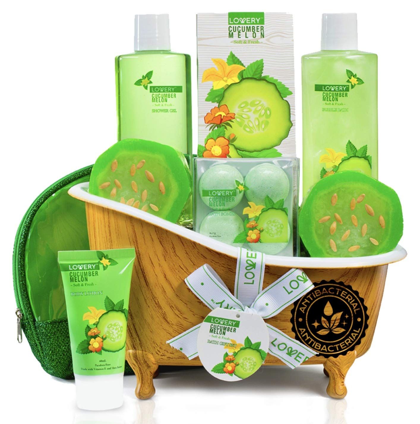 Valentines Day Gifts, Home Spa Bath Basket Gift Set - Aromatherapy Kit for Men &amp; Women - Natural Cucumber with Organic Melon - 12 Piece Skin Care Set Includes 2 Organic Melon Soaps, Body Lotion &amp; More