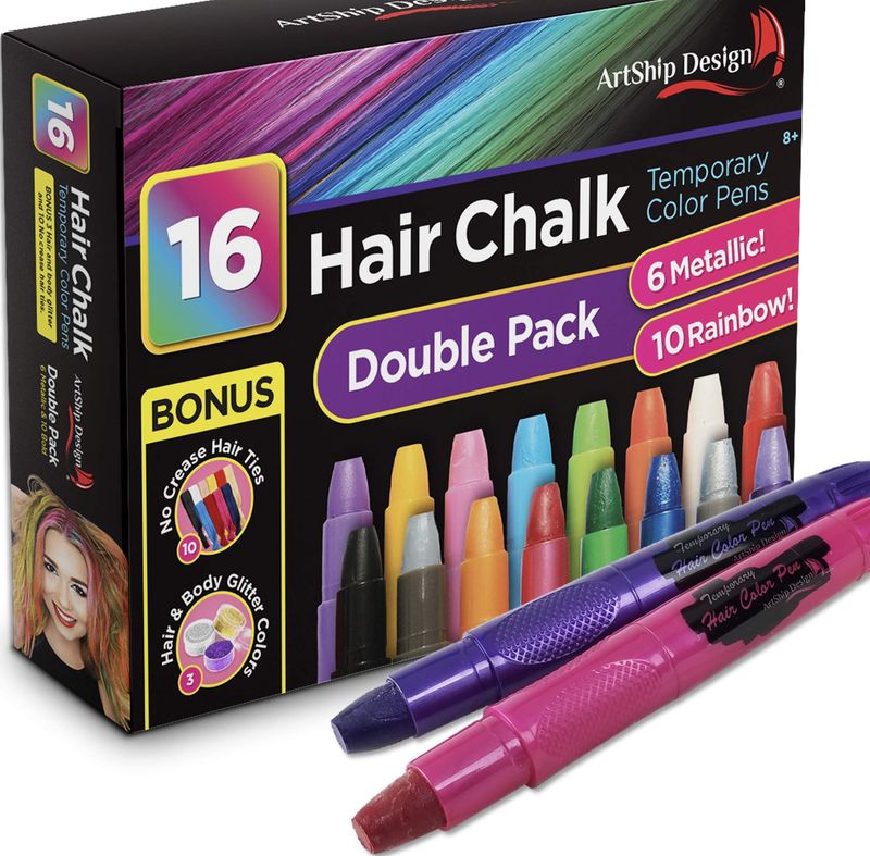 Hair Chalk 16 Colors with 6 Glitter Colors Temporary Hair Color Pens with Glitter and Creaseless Hair Ties