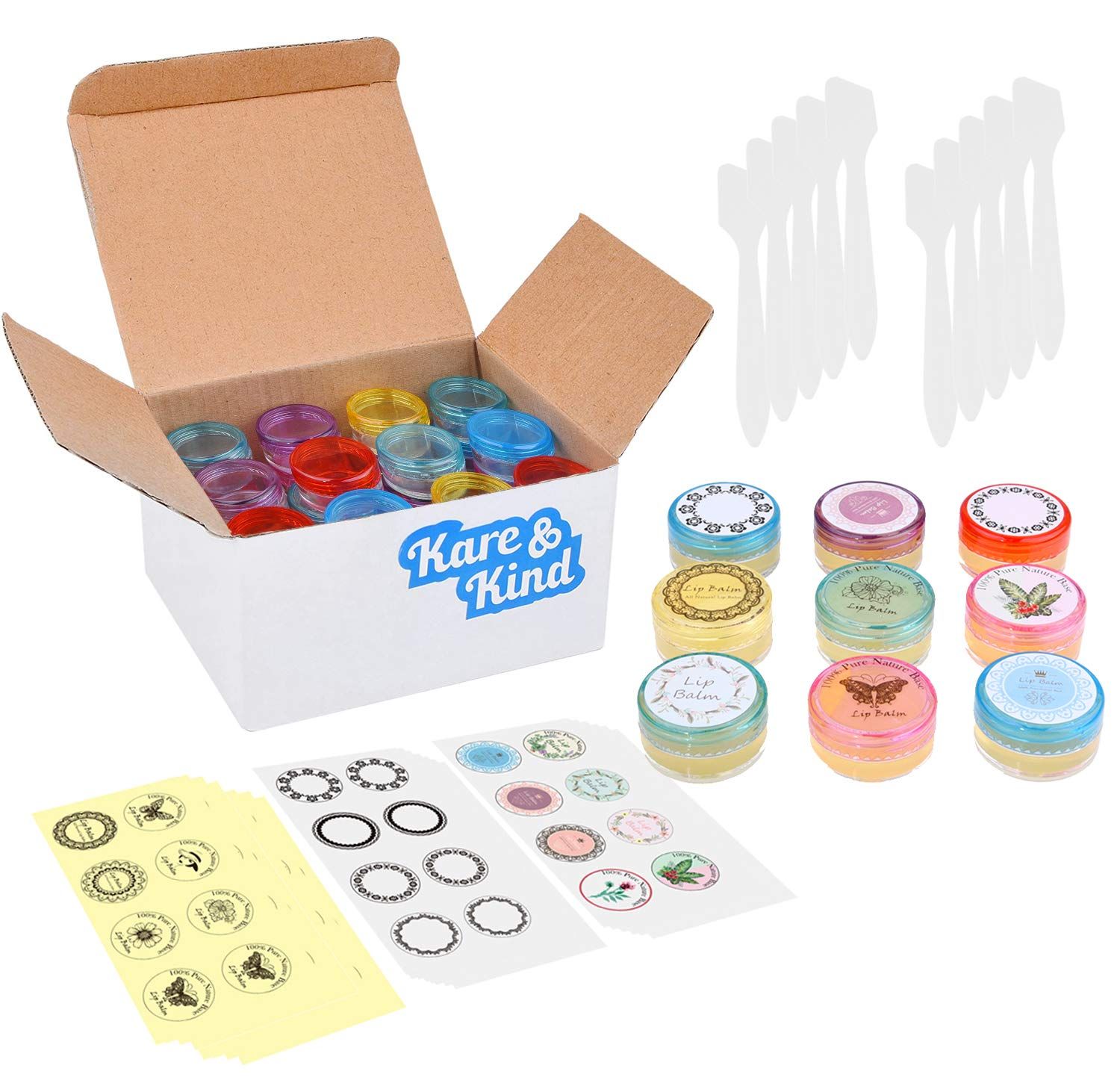 Kare &amp; Kind Lip Balm Container Jars - for Cosmetics - 48-Pack - 6 Colors - DIY - Transparent - 5 Gram (5 ml/0.17 Oz) - Including 48 Writeable &amp; 48 Printed Lip Balm Stickers - Screw Cap Lids - Empty