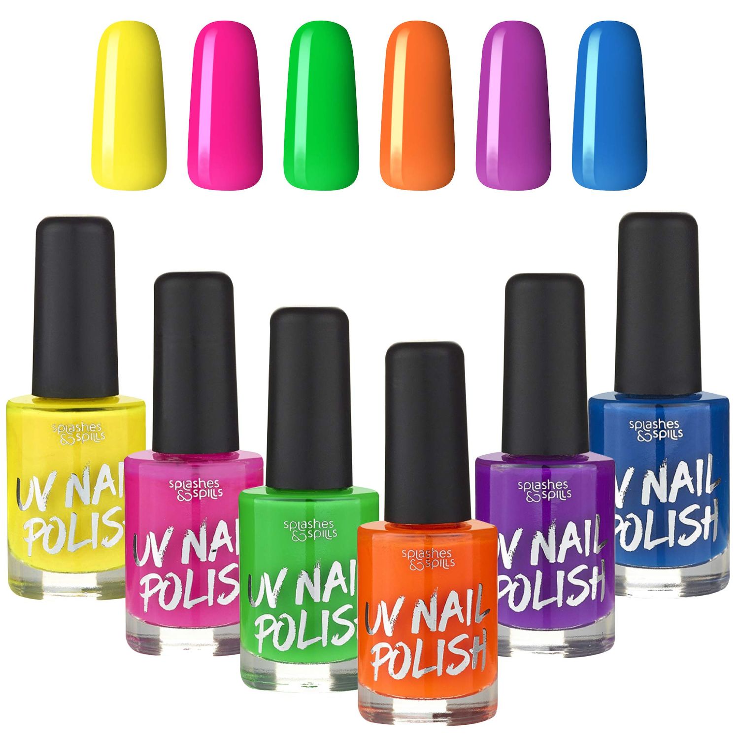 splashes &amp; spills UV Blacklight Glow Nail Polish - 6 Color Variety Pack, 13ml - Day or Night Stage, Clubbing or Costume Makeup