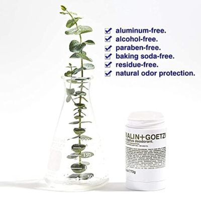 Malin + Goetz Eucalyptus Deodorant, natural effective odor & sweat defense, for all skin types, clear color, no residue/stains, free of aluminum, alcohol, baking soda, parabens, cruelty free 2.6 Fl Oz