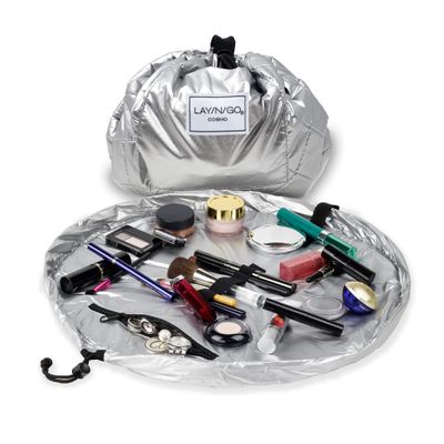 Lay-n-Go Cosmo Drawstring Cosmetic &amp; Makeup Bag Organizer - Portable Drawstring Makeup Bag w/Zipper Pocket, Makeup Loops &amp; More -Durable, Machine Washable Makeup Bag for Travel (20, Metallic Silver)