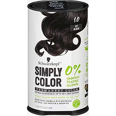 Schwarzkopf Simply Color Hair Color 1.0 Jet Black, 1 Application - Permanent Hair Dye for Healthy Looking Hair without Ammonia or Silicone, Dermatologist Tested, No PPD &amp; PTD