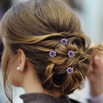 inSowni 40pcs Bridal Wedding Rhinestone Rose Flower U-shaped Hair Pins & 6pcs Twist Pearl Hairpins Headpiece Set in Gift Box for Women Girls Bridesmaid (Purple Set)