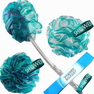 SHOWER BOUQUET 2-Sided-Loofah-Back-Scrubber &amp; Bath-Sponge Set // 1-Long-Handle-Back-Brush Plus 2-Extra-Large 75g Soft Mesh Poufs, Men &amp; Women - Exfoliate with Full Pure Cleanse in Bathing Accessories
