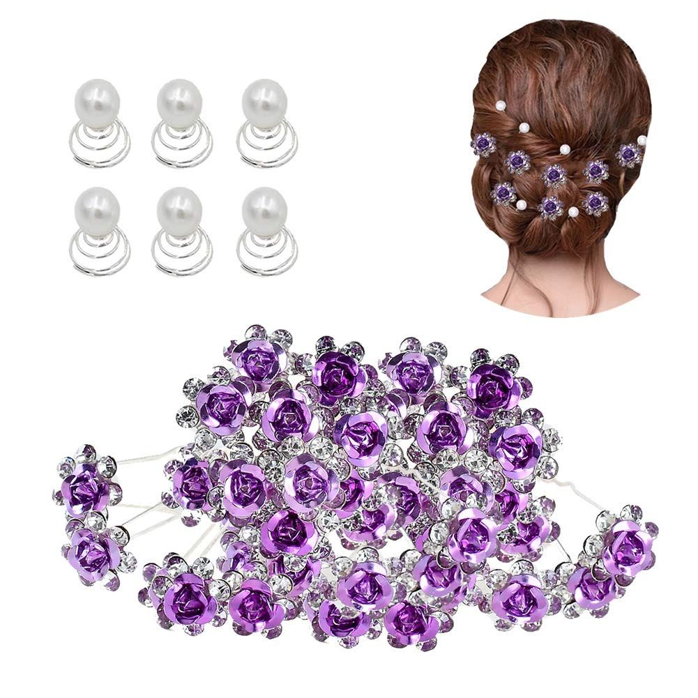 inSowni 40pcs Bridal Wedding Rhinestone Rose Flower U-shaped Hair Pins &amp; 6pcs Twist Pearl Hairpins Headpiece Set in Gift Box for Women Girls Bridesmaid (Purple Set)