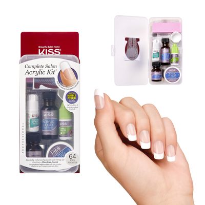 KISS Complete Salon Acrylic Fake Nails Manicure Kit, Acrylic Liquid, Acrylic Primer, Acrylic Powder Clear, Maximum Speed Nail Glue, Masking Formula, &amp; 60 Long Length Bubble Free Acrylic Nails