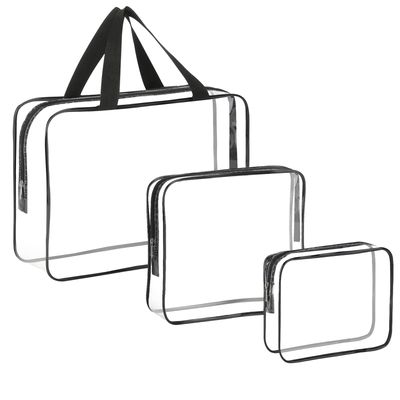 HAOGUAGUA 3 Pieces Large Clear Travel Bags for Toiletries, Waterproof Clear Plastic Cosmetic Makeup Bags, Transparent Packing Organizer Storage Bags (Black)