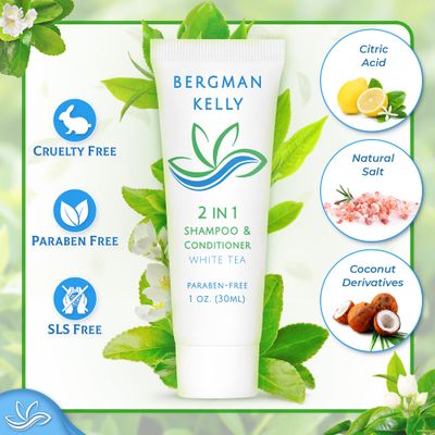 Bergman Kelly - Travel Size 2 in 1 Shampoo & Conditioner - 1 fl oz, 100 PK, White Tea - Delight Your Guests w/Revitalizing & Refreshing Shampoo Amenities, Quality Small Size Hotel Toiletries in Bulk