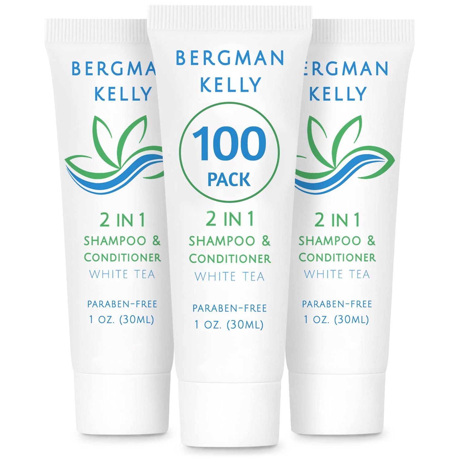 Bergman Kelly - Travel Size 2 in 1 Shampoo &amp; Conditioner - 1 fl oz, 100 PK, White Tea - Delight Your Guests w/Revitalizing &amp; Refreshing Shampoo Amenities, Quality Small Size Hotel Toiletries in Bulk