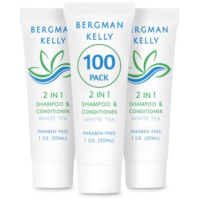 Bergman Kelly - Travel Size 2 in 1 Shampoo &amp; Conditioner - 1 fl oz, 100 PK, White Tea - Delight Your Guests w/Revitalizing &amp; Refreshing Shampoo Amenities, Quality Small Size Hotel Toiletries in Bulk