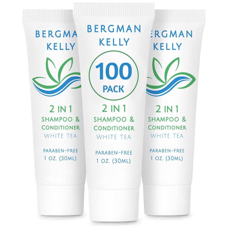 Bergman Kelly - Travel Size 2 in 1 Shampoo &amp; Conditioner - 1 fl oz, 100 PK, White Tea - Delight Your Guests w/Revitalizing &amp; Refreshing Shampoo Amenities, Quality Small Size Hotel Toiletries in Bulk