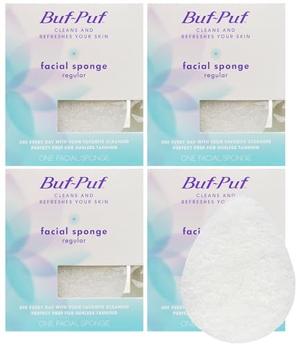 Buf-Puf Facial Sponge, Dermatologist Developed, Removes Deep Down Dirt &amp; Makeup That Causes Breakouts and Blackheads, Reusable, Exfoliating, White, 4 Count