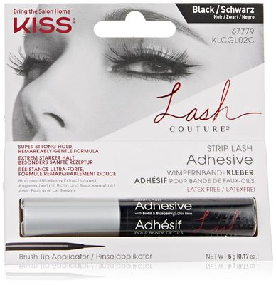 KISS Lash Couture Black Strip Lash Adhesive with Biotin &amp; Blueberry Extract, Latex-Free, Dermatologist Tested, Contact Lens Friendly, Strong Hold, Gentle Formula, with Brush Tip Applicator, 0.17 Oz.