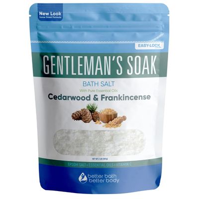Gentleman&#39;s Bath Salt 32 Ounces Epsom Salt with Natural Cedarwood, Frankincense, Eucalyptus and Peppermint Essential Oils Plus Vitamin C in BPA Free Pouch with Easy Press-Lock Seal