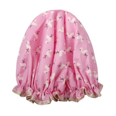 Vtrem Shower Cap Lined Double Layer Waterproof Hair Bath Caps with Lace Elastic Band Lovely Pink Flamingo Pattern Reusable Bathing Hat for Women All Hair Lengths and Thicknesses