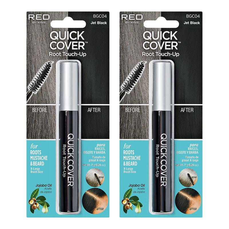 RED by Kiss Quick Cover Root Touch Up Rescue, Mascara Natural Water-Resistant Temporary Gray Concealer Cover Up Brush for Hair Mustache &amp; Beard (Jet Black) (2Pcs)