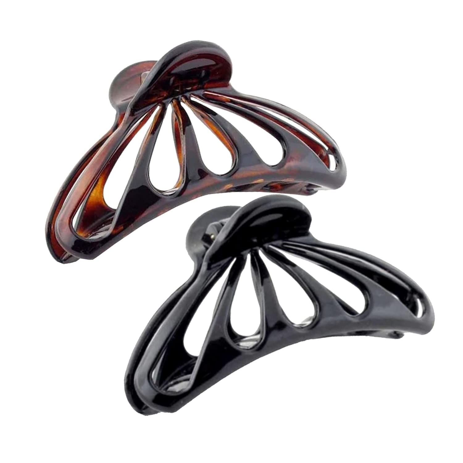 Parcelona French Set of 2 Small Black and Shell Rain Drop 2 3/4 Inch Celluloid Shell Claw Jaw Hair Clip