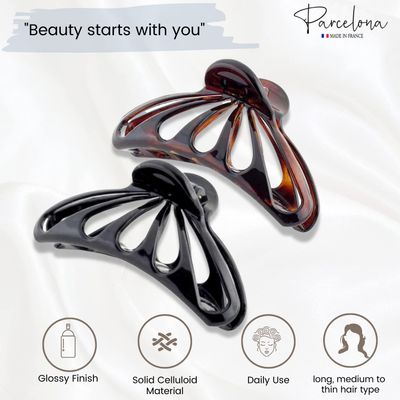 Parcelona French Set of 2 Small Black and Shell Rain Drop 2 3/4 Inch Celluloid Shell Claw Jaw Hair Clip