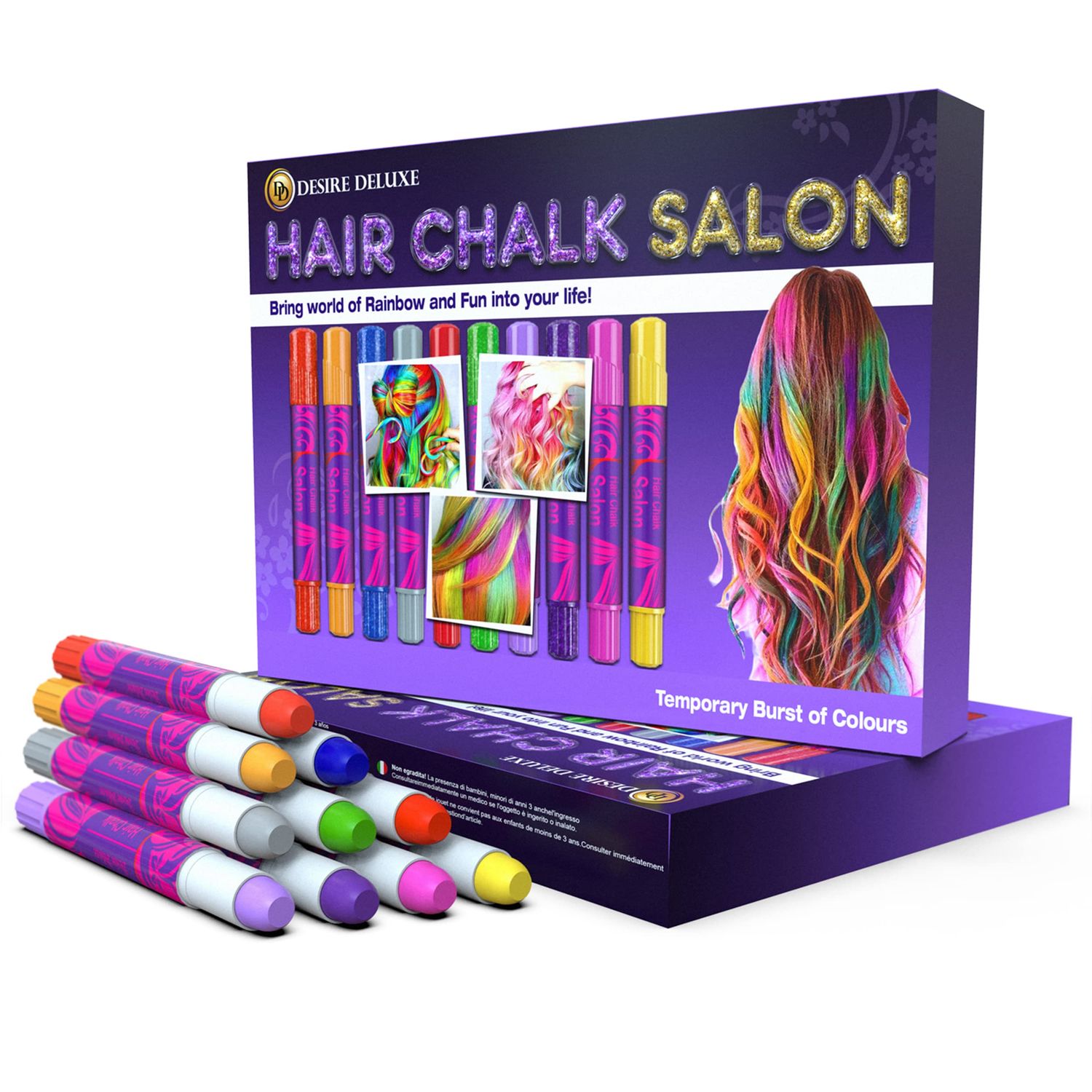 Desire Deluxe Hair Chalk for Girls Makeup Kit of 10 Temporary Colour Pens Gifts, Great Toy for Kids Age 5 6 7 8 9 10 11 12 13 Years Old, &quot;Blue,Green,Grey,Pink,Purple