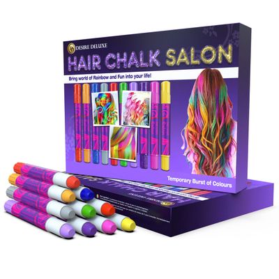Desire Deluxe Hair Chalk for Girls Makeup Kit of 10 Temporary Colour Pens Gifts, Great Toy for Kids Age 5 6 7 8 9 10 11 12 13 Years Old, &quot;Blue,Green,Grey,Pink,Purple