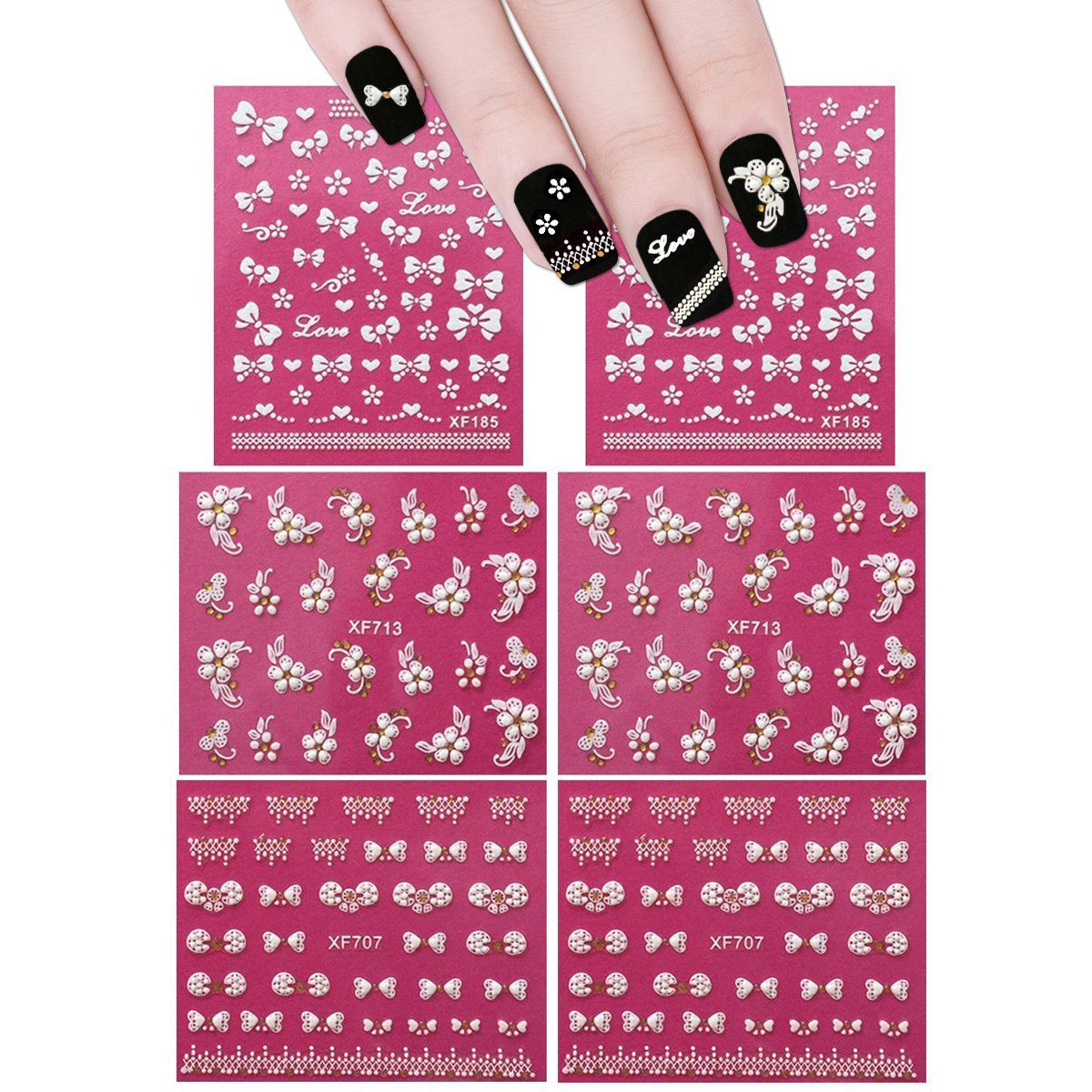 ALLYDREW Fingernail Stickers Nail Art Nail Stickers Self-Adhesive Nail Stickers 3D Nail Decals - Bows, Hearts &amp; Flowers (3 Designs/6 Sheets)