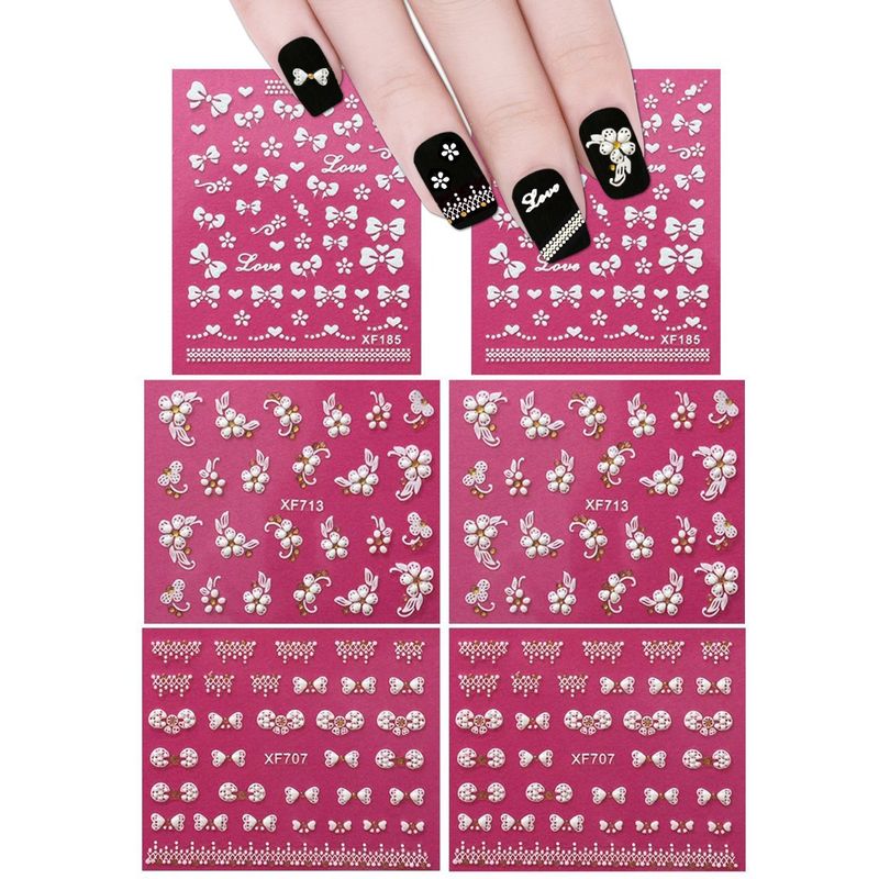 ALLYDREW Fingernail Stickers Nail Art Nail Stickers Self-Adhesive Nail Stickers 3D Nail Decals - Bows, Hearts &amp; Flowers (3 Designs/6 Sheets)