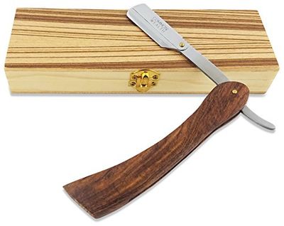 Common Wealth Pure Wood Handle Straight Edge Classic Folding Barber Shaving Razor Vintage Style With Wooden Case Display Box (Silver)