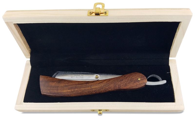 Common Wealth Pure Wood Handle Straight Edge Classic Folding Barber Shaving Razor Vintage Style With Wooden Case Display Box (Silver)