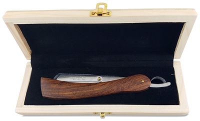 Common Wealth Pure Wood Handle Straight Edge Classic Folding Barber Shaving Razor Vintage Style With Wooden Case Display Box (Silver)