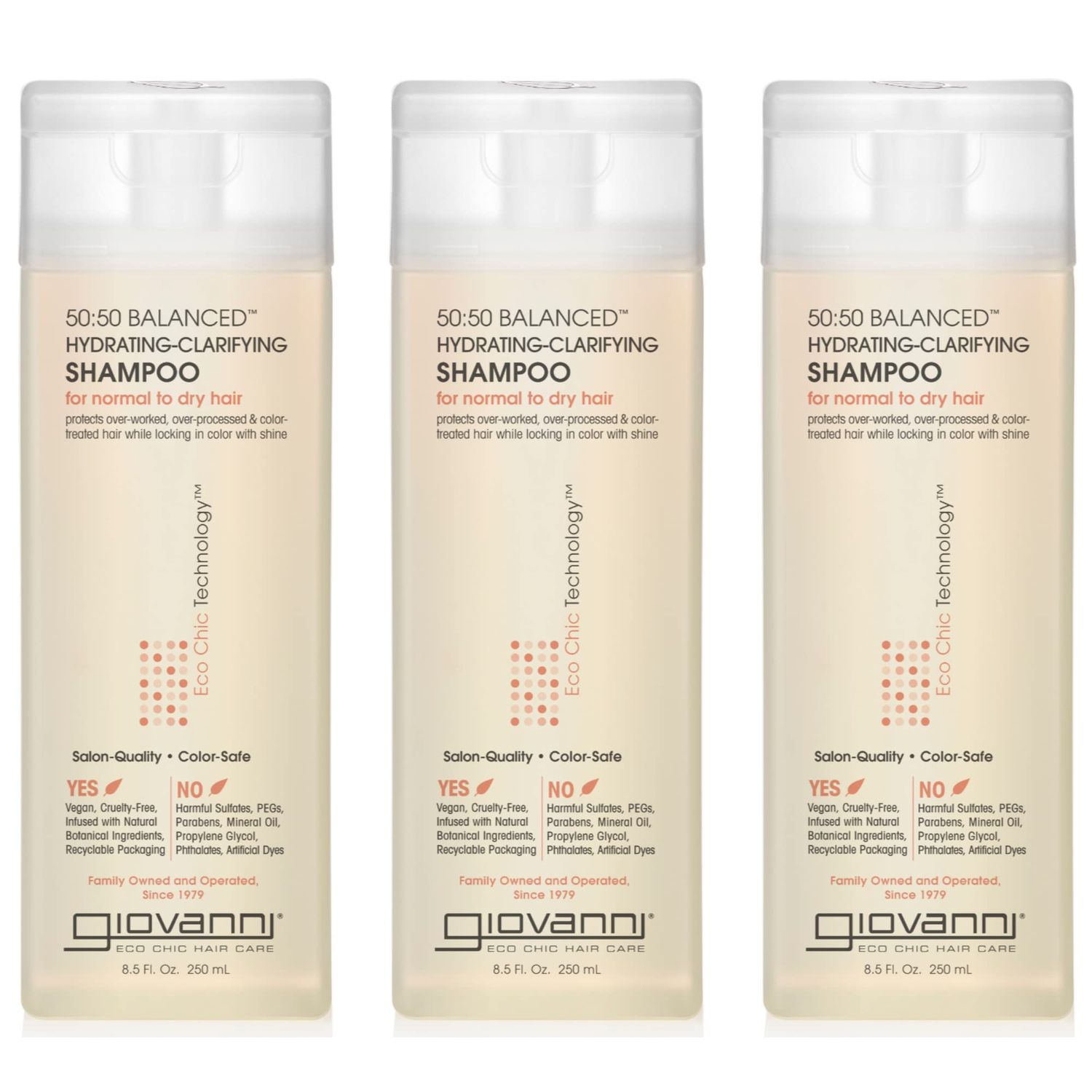 GIOVANNI ECO CHIC 50:50 Balanced Hydrating Clarifying Shampoo - Leaves Hair pH Balanced for Over-Processed Hair, Provides Moisture &amp; Protection, Salon Quality, No Parabens - 8.5 oz (3 Pack)