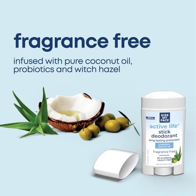 Kiss My Face Active Life Deodorant Contains Naturally Derived Ingredients, 72 Hour Odor Control | Deodorant for Women and Men, Aluminum Free with Coconut Oil and Probiotics, Fragrance Free