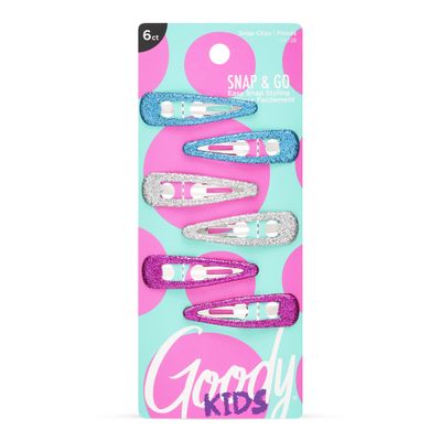 Goody Kids Contour Snap Clips - 6 Count, Assorted Glitter Colors - Just Snap Into Place - Suitable for All Hair Types - Pain-Free Hair Accessories for Women and Girls - All Day Comfort