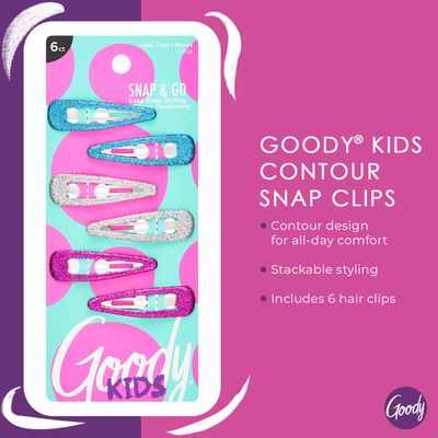 Goody Kids Contour Snap Clips - 6 Count, Assorted Glitter Colors - Just Snap Into Place - Suitable for All Hair Types - Pain-Free Hair Accessories for Women and Girls - All Day Comfort