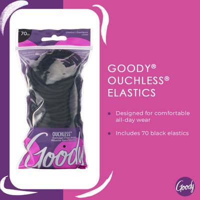 Goody Ouchless Women's Elastic Hair Ties - 70 Count, Black - 4MM for Medium Hair - Long-Lasting Braids, Ponytails, and More - Pain-Free Hair Accessories
