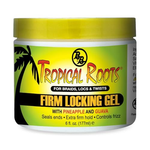 Bronner Bros Tropical Roots Firm Locking Gel - Loc &amp; Twist Gel Ideal for Braids, Twists &amp; Locs with Pineapple &amp; Guava Extracts, Vitamins B5 &amp; B12 - Strong Hold, Non-Flaking, Moisture &amp; Shine - 6oz