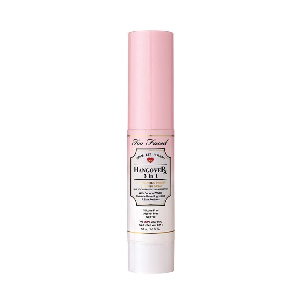 Too Faced Hangover 3-in-1 Primer &amp; Setting Spray | Long Lasting + Hydrating, Travel Size, 1 Fl Oz, Clear