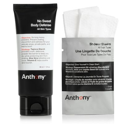 Anthony No Sweat Body Defenseand Shower Sheet Bundle - Anti-Chafing, Anti-Itch Cream-to-Powder - 3 Fl. Oz and 1 Shower Sheet, Protects Skin from Sweating