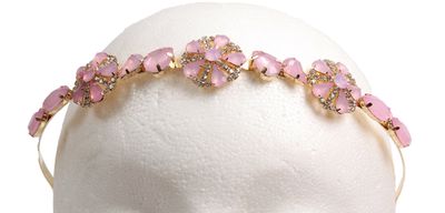 Caravan Pink Rose Design on Gold Color Metal Headband of Swarovski Rhinestone