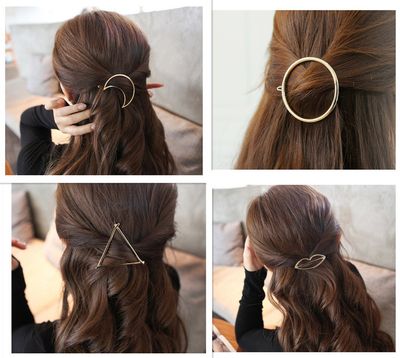 QTMY 4 Pcs Round Circle Triangular Lips Moon Shaped Hair Pin Clips Hair Jewelry Hair Accessories (Golden)