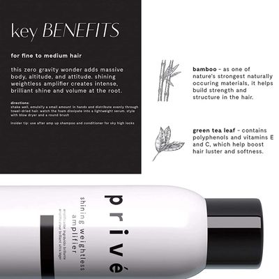Prive Shining Weightless Amplifier - Volumizing Mousse/Styling Mousse Massive Body, Altitude and Attitude for Voluminous Brilliant Hair Volumizer (6.85 oz / 200 ml)