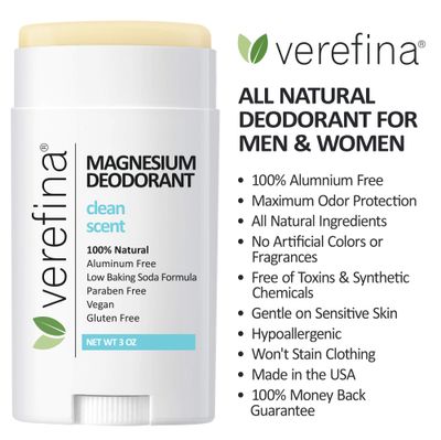 Verefina Aluminum Free Deodorant For Men &amp; Women | All Natural | Hypoallergenic | Paraben Free | Non Toxic | Cruelty Free | Vegan | Natural Deodorant For Sensitive Skin | 3 Oz Stick