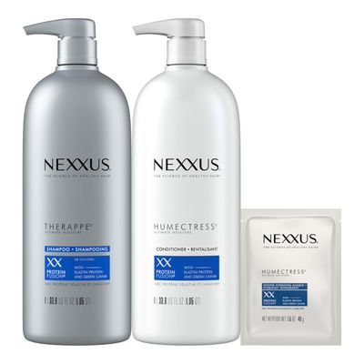 Nexxus Shampoo and Conditioner and 3 Hair Treatment Masks Therappe Humectress 5 Pack for Dry Hair Silicone-Free, Moisturizing Caviar Complex and Elastin Protein 33.8 oz &amp; 1.5 oz