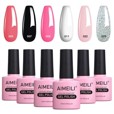 AIMEILI Valentine&#39;s Day Gel Nail Polish Set, French Tips White Gel Nail Polish Kit Clear Nude Pink Glitter Black Gel Polish Set Of 6pcs X 10ml - Kit Set 1